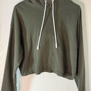 wild fable Olive Green Cropped Hoodie with White Drawstring